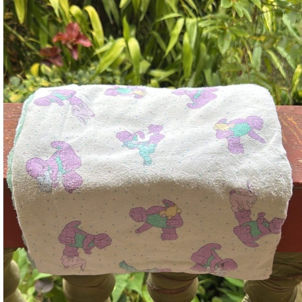 Vintage Barney the Dinosaur Baby Blanket 90s Lace Trim Mint Green Purple Cream